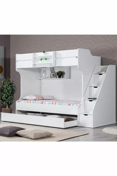 Кровать-чердак, двухъярусная кровать Kardem с ящиками - Белая + 3 комфортабельных матраса