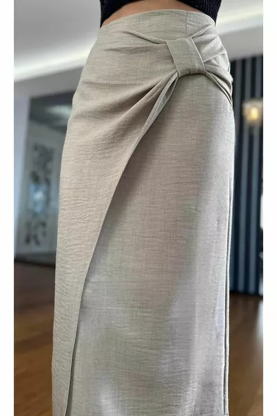 Beige Bow Detailed Linen Wrapover Skirt