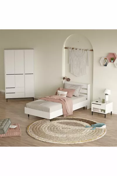 طقم غرفة نوم للشباب بوهمي سرير وطاولة جانبية وخزانة ملابس 3 قطع - أبيض -W