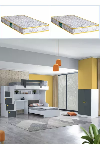 Bunk Bed, Metris Bunk Bed Bed Frame Desk Wardrobe 2 Comfort Mattresses