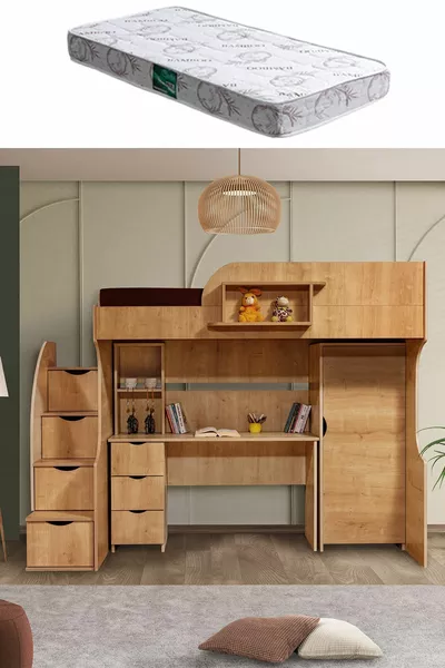 Кровать-чердак, шкаф и письменный стол Litera, светлый орех, 1 матрас Comfort