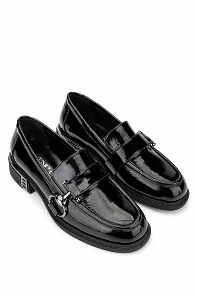 Women's Genuine Leather Black Patent Leather Loafer Shoes
