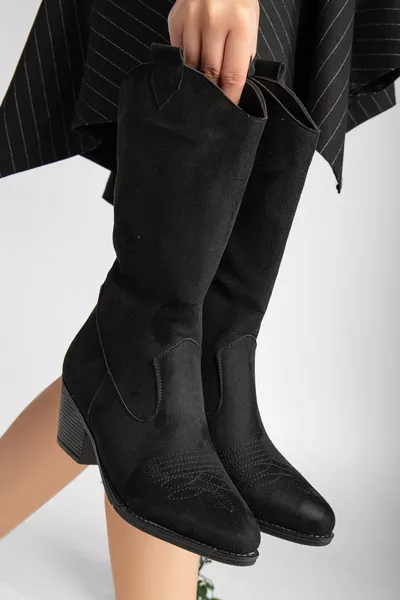 Stivali da donna in pelle scamosciata nera con cerniera Stivali da cowboy occidentali ricamati