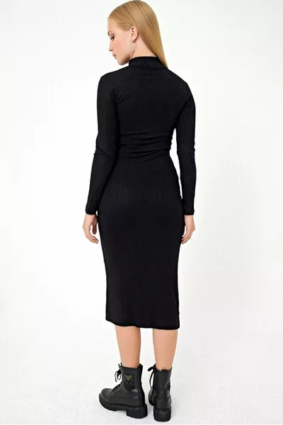 نسائي أسود الياقة المدورة كاميسول ميدي اللباس