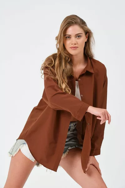 Дамска кафява и бяла риза от 2 части оверсайз дълга риза под налягане