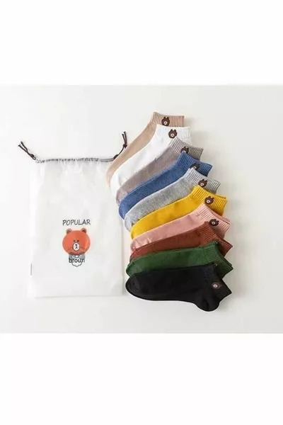 6'pair Cartoon Colorful Bear Head Pattern Short Ankle Socks Set