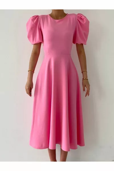 Юбка с круглым вырезом и рукавами-баллонами, расклешенное платье премиум-класса длины миди