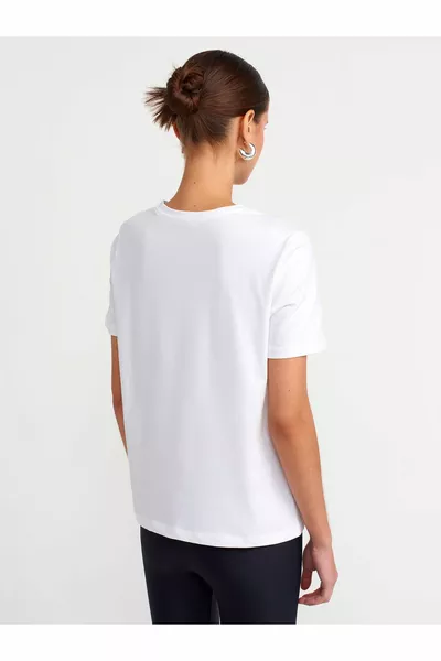  تي شيرت قطن بياقة مستديرة - أبيض