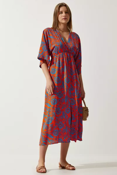 Women's Orange Blue Wrapover Collar Patterned Summer Viscose Dress 