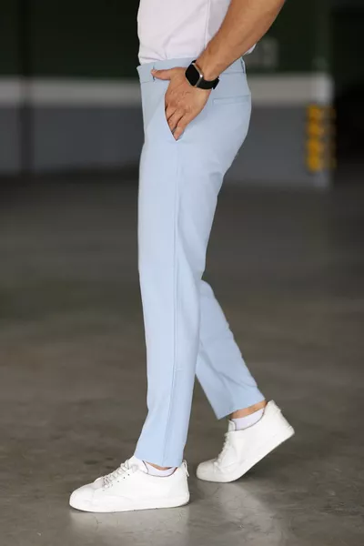 الرجال الجليد الأزرق اللون الإيطالي قطع نوعية جيدة بسط ليكرا النسيج طول الكاحل السراويل