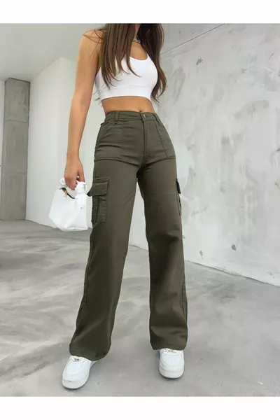 Khaki Cargotasche Lycra Hose mit hoher Taille und weitem Bein