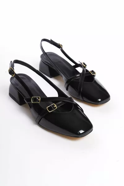 Мери Джейн Черна лачена каска с отворени пръсти Къси токчета