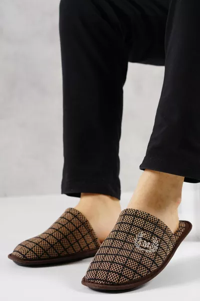 Мъжки Домашни Чехли Квадратни Шарени Кафяви