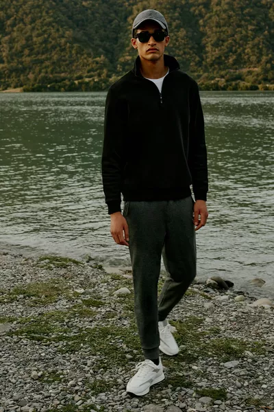 Men's Black Standard Fit Regular Cut Fleece Stand-Up Bato Collar Cotton Sweatshirt