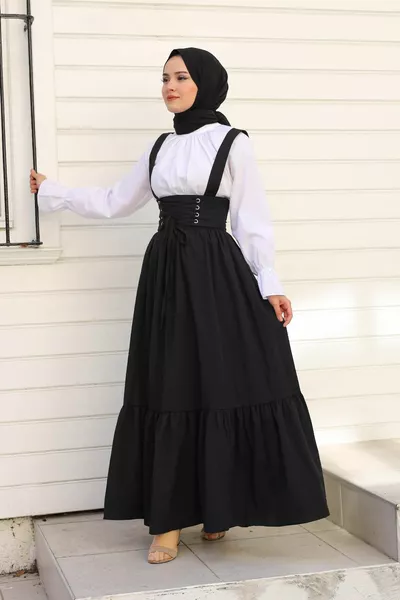 Korse Detaylı Trikoton Kumaş Askılı Jile Siyah