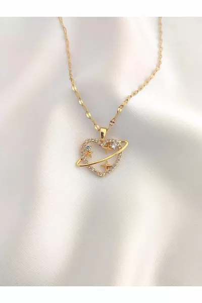 Дамско колие от неръждаема стомана от неръждаема стомана от цирконов камък Star Saturn Heart