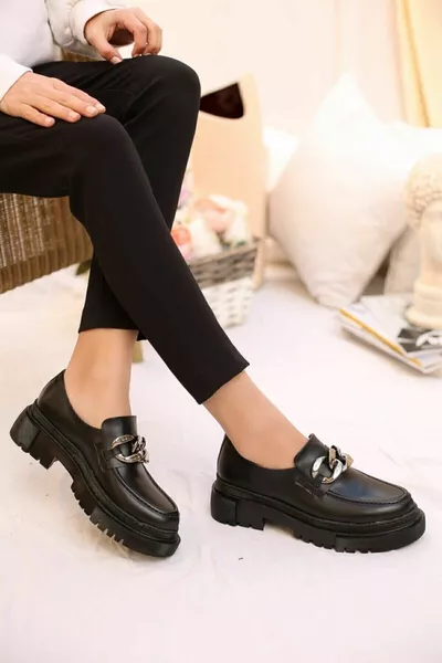 Women's Casual Black Loafer Silver Chain Detail Shoes