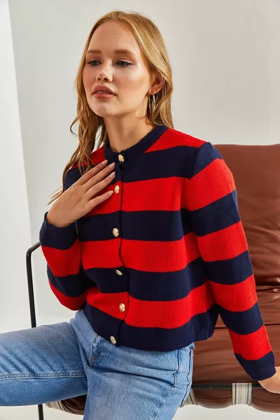 Women's Metal Button Thick Striped Knitwear Cardigan
