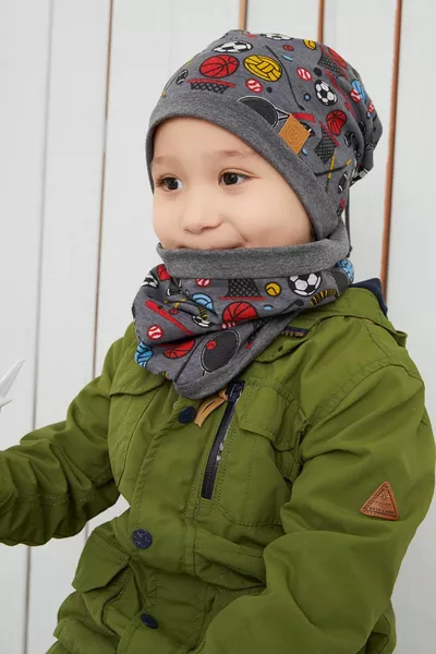 Boys' Smoked Sport Beanie Neck Brace Set Soft Double Layer % Natural Cotton Combed