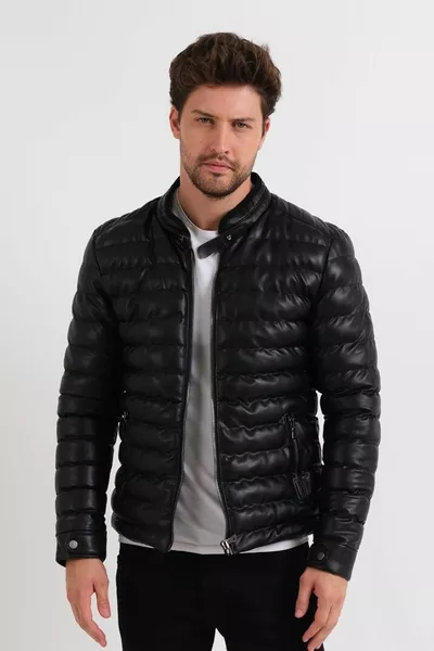 الرجال الأسود سليم صالح للماء نفخ سترة جلدية ومعطف مع الفراء داخل