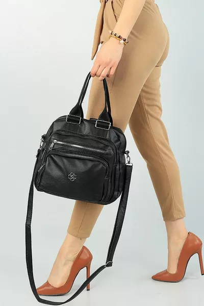 Черна дамска чанта за ръце и рамо с много отделения