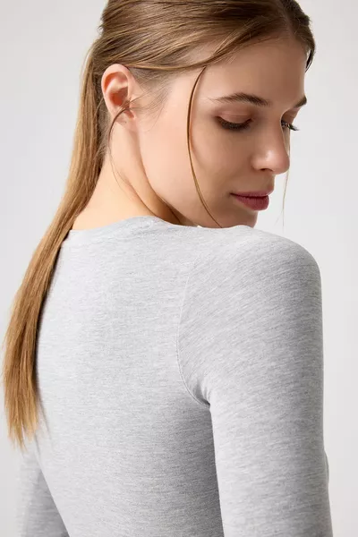 x Melody Grey Melange Long Sleeve Short Blouse Long Fitted