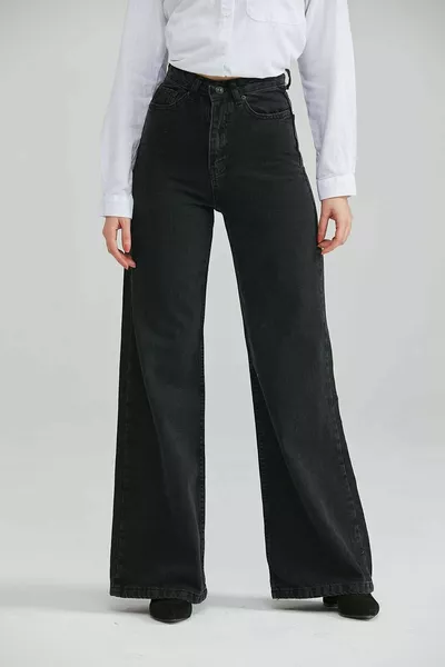 Colorfast Black Lycra Wide Leg Jeans - Shabby Wide Leg Jeans (super High)