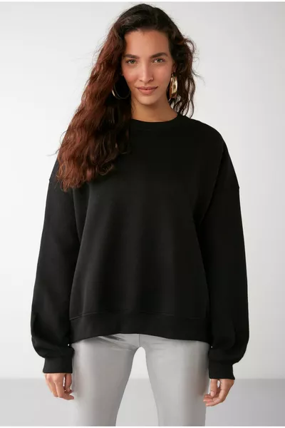 Susana Damen Fleece Oversize Fit Basic Schwarzes Sweatshirt mit Rundhalsausschnitt