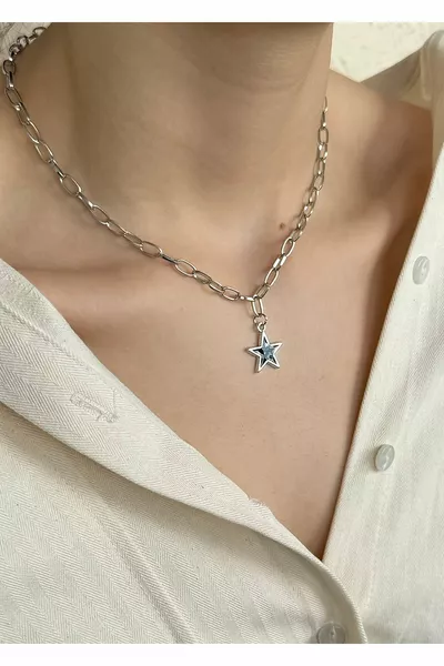 Women's Star Necklace Silver Black Enamel