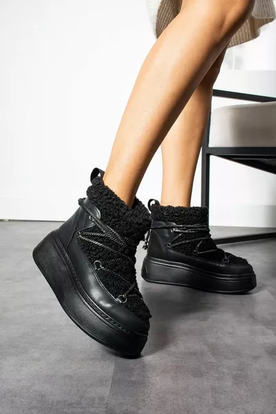 Moon Black Fur High Sole Snow Boots