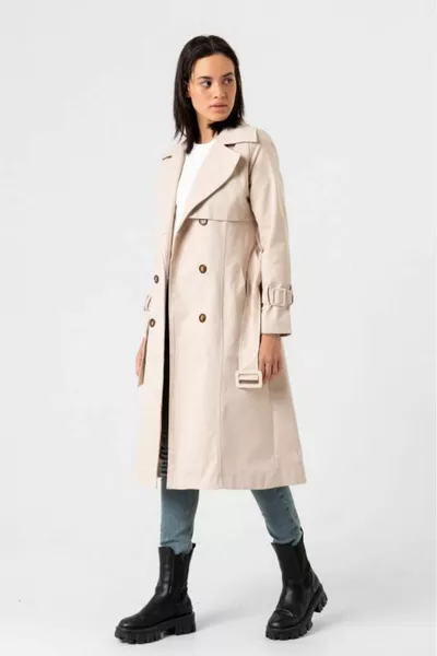 % Cotton Gabardine Long (CM) Lined Belted Women's Trench Coat 