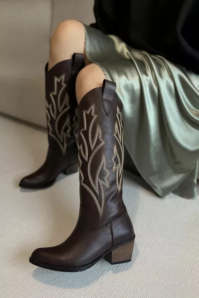 Fire Embroidered Long Knee Brown Western Women's Cowboy Boots
