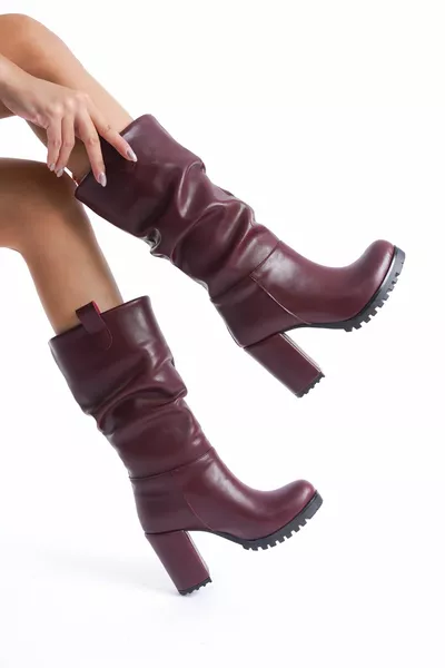 بورجوندي الجلد المرأة منفاخ الكعب العالي أحذية عارضة 