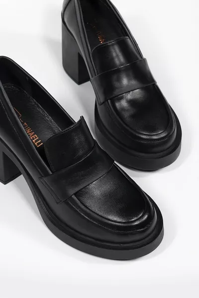 MOCASSINS À TALONS EN CUIR NATUREL VÉRITABLE NOIR POUR FEMMES