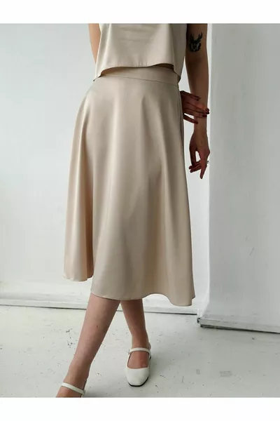 لونا الساتان متوسط الطول تنورة نسائية رملية