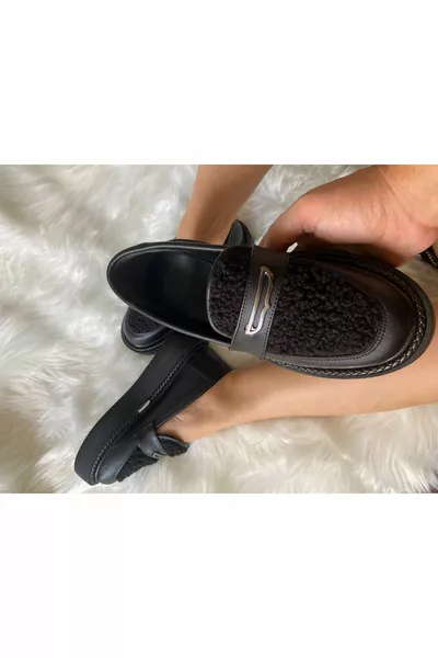 Black Fuzzy Loafer Shoes