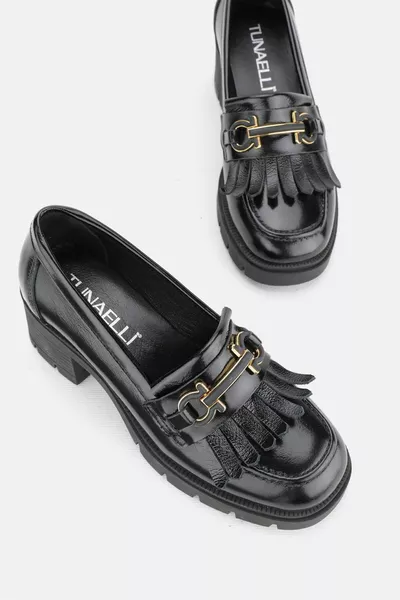 WOMEN'S BLACK PATENT LEATHER GENUINE LEATHER SIZE  TUFTED HEELED LOAFER SHOES