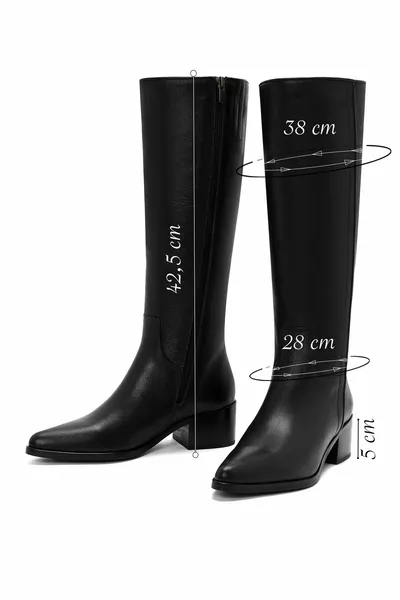 Дамски черни кожени ботуши с дебел ток с цип 