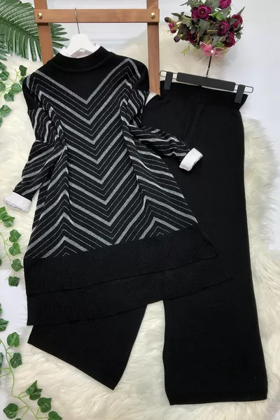 Комплект брюк-туники с блестками - черный