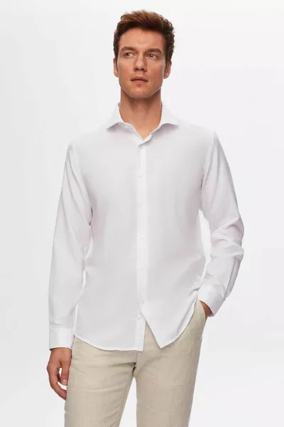 Slim Fit White Italian Collar Dobby Long Sleeve Easy Ironable Breathable All Seasons Chest