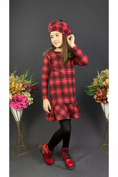 Robe d’hiver à manches longues avec chapeau pour filles  Rouge