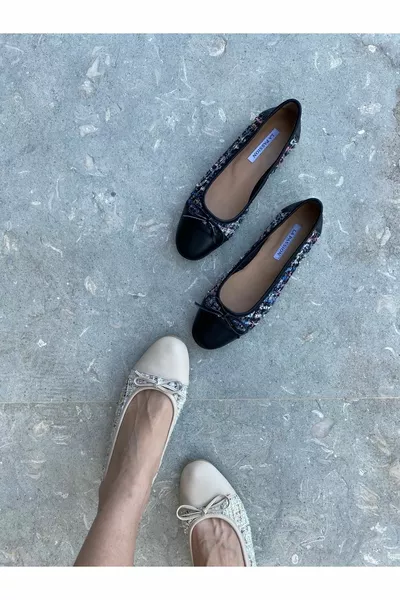 نسائي عارضة الباليه المسطحات ، جلد طبيعي أسود تويد الباليه الشقق