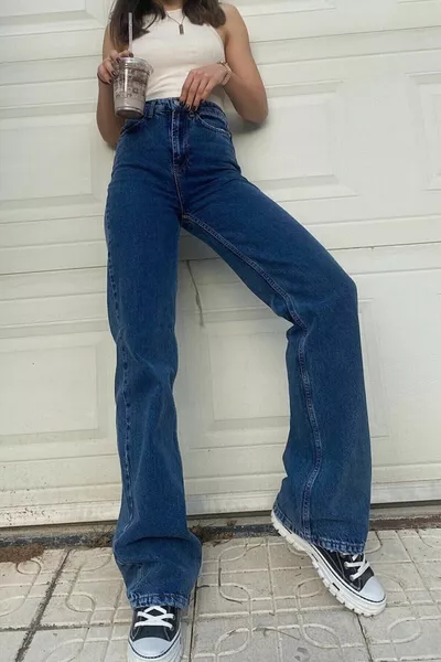 Sun-hwa Lycra Dark Blue High Waist Loose Leg Jeans Wide Leg Palazzo Jeans