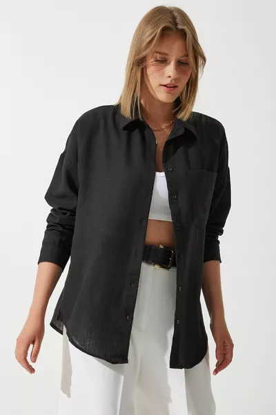 Women's Black Oversize Linen Ayrobin Shirt 