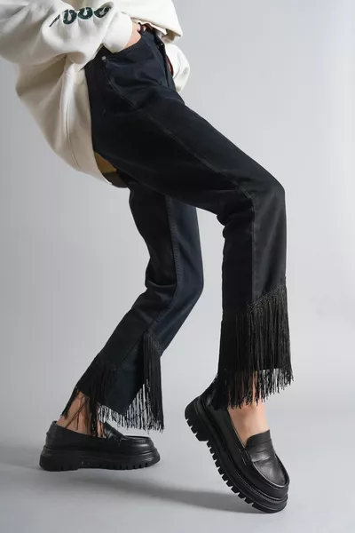 Genuine Leather Black Women Casual Thick Sole Leather Loafer Shoes 