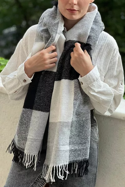 Унисекс черный белый клетчатый длинный шарф с бахромой на концах