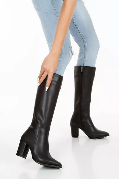 Zwarte Hoge Hakken Lederlook Rits Huid Lange Dames Laarzen