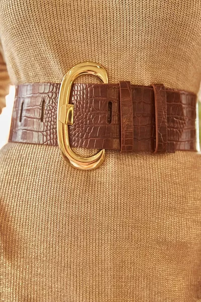 Women's Tan Faux Leather Belt with Thick Buckle 