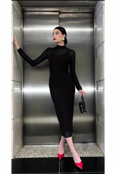 Zwart gevoerde halve coltrui tule avondjurk met lange mouwen voor dames