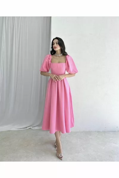 الوردي مربع الرقبة بالون الأكمام مطوي ميدي طول اللباس